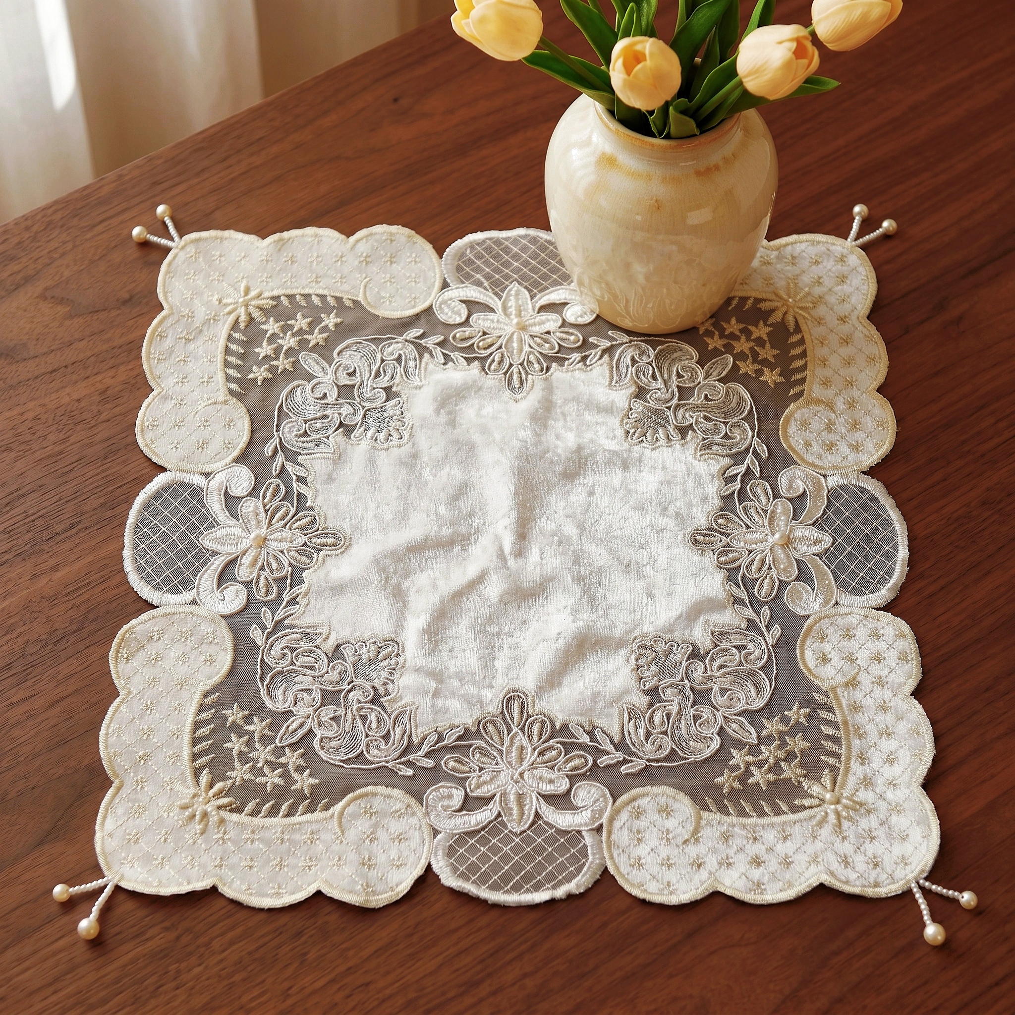 4pcs Square White Placemats Lu - Bead Mat Velvet ulasan dan harga